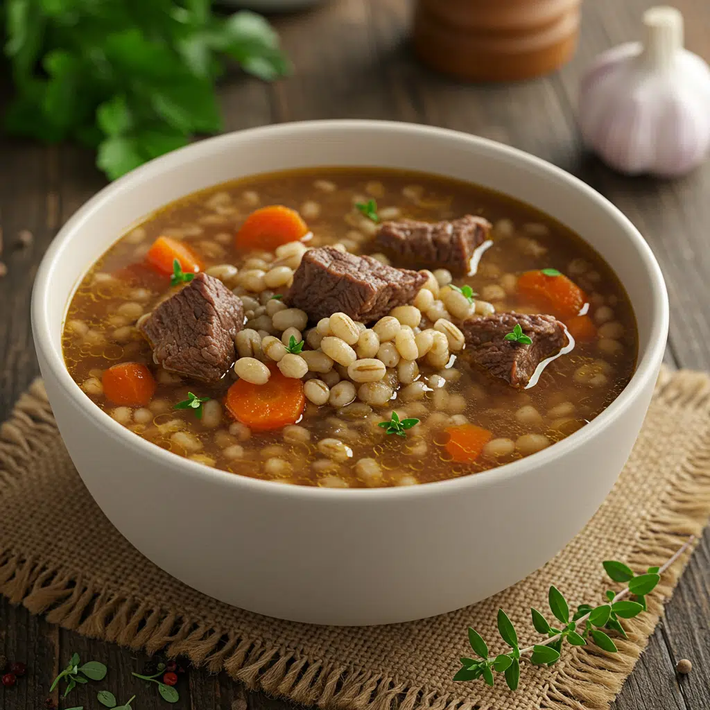 A steaming bowl of hearty beef barley soup filled with tender beef chunks, colorful vegetables, and pearl barley in a rich brown broth, garnished with fresh parsley