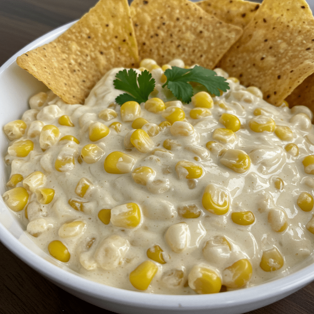A large bowl of creamy corn dip with visible corn kernels, peppers, and cheese, surrounded by Fritos Scoops corn chips on a wooden serving board