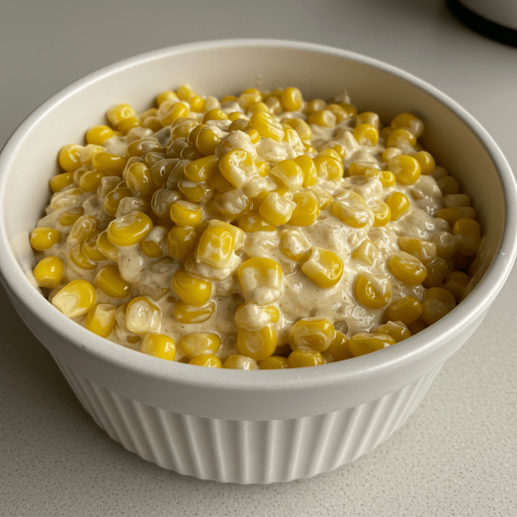 A large bowl of creamy corn dip with visible corn kernels, peppers, and cheese, surrounded by Fritos Scoops corn chips on a wooden serving board