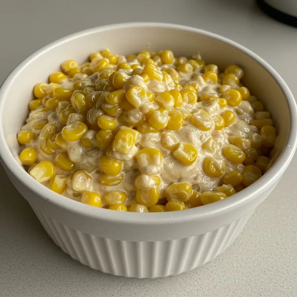 A large bowl of creamy corn dip with visible corn kernels, peppers, and cheese, surrounded by Fritos Scoops corn chips on a wooden serving board