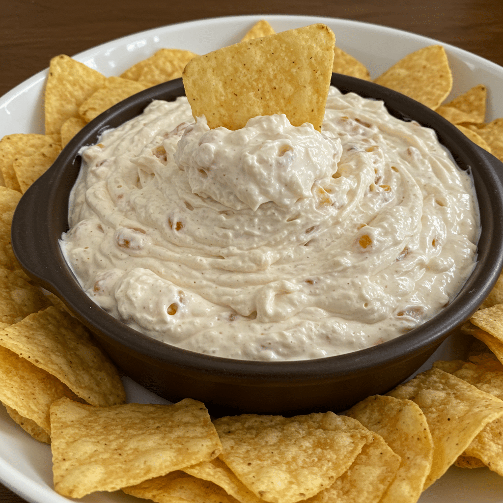 Bowl of creamy white Boat Dip with colorful flecks of corn, tomatoes, and chiles, surrounded by tortilla chips
