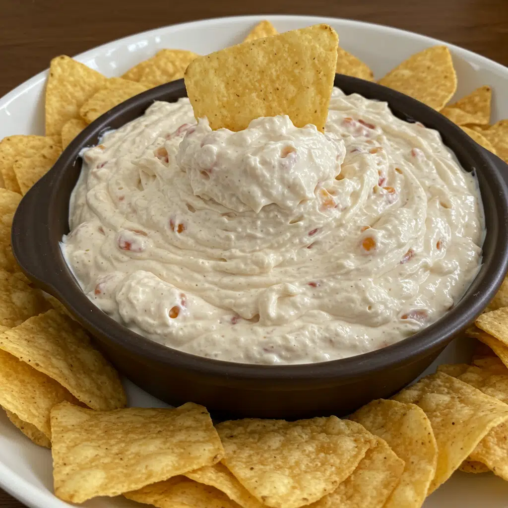 Bowl of creamy white Boat Dip with colorful flecks of corn, tomatoes, and chiles, surrounded by tortilla chips
