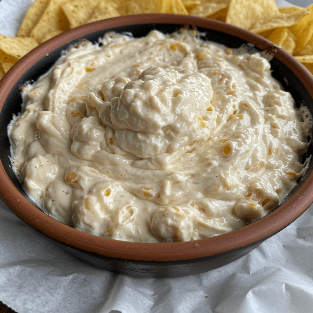 Bowl of creamy white Boat Dip with colorful flecks of corn, tomatoes, and chiles, surrounded by tortilla chips