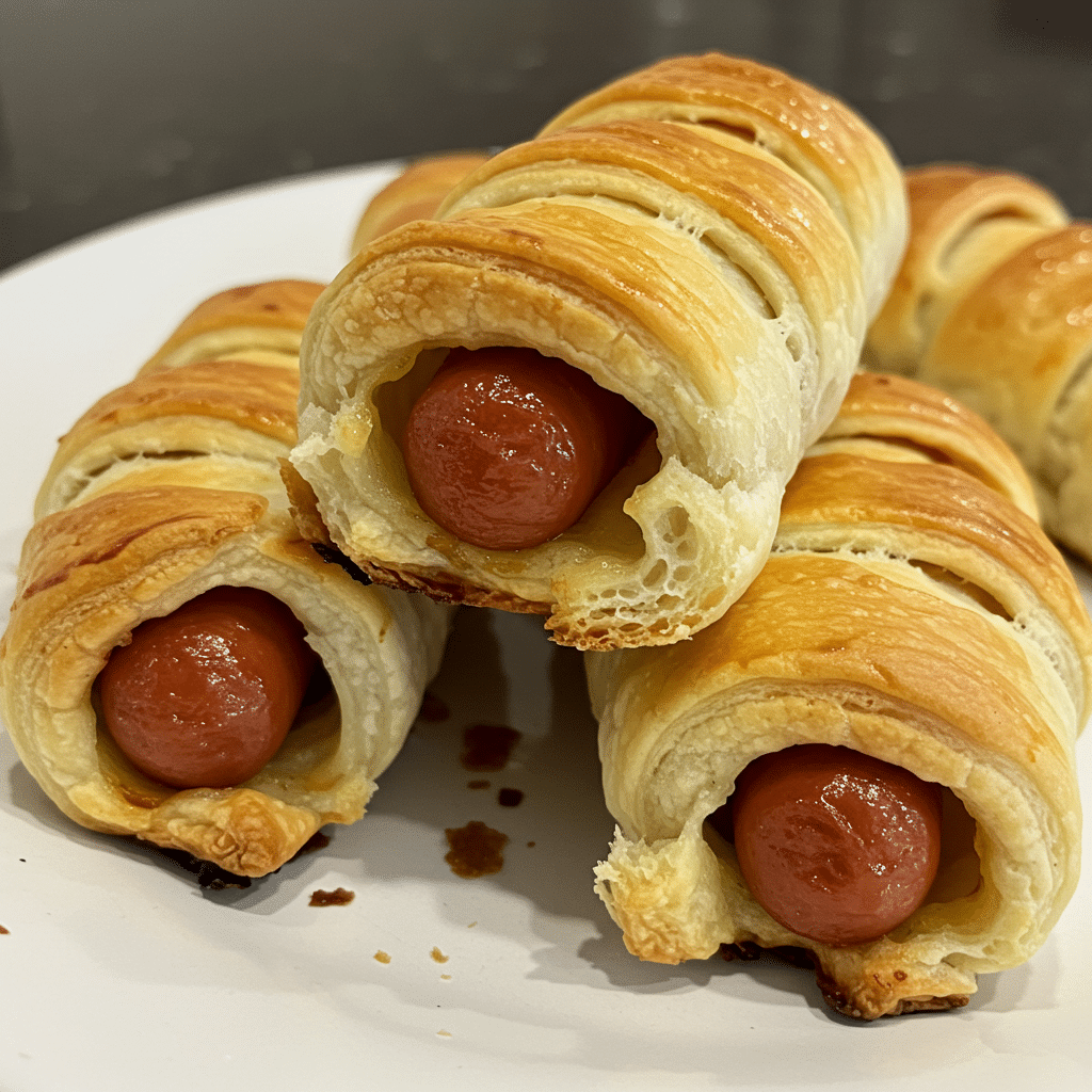 Golden brown pigs in a blanket arranged on a white plate with small bowls of ketchup and mustard for dipping