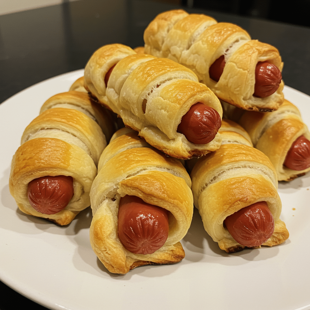 Golden brown pigs in a blanket arranged on a white plate with small bowls of ketchup and mustard for dipping