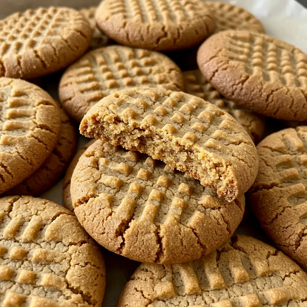 Golden brown peanut butter cookies with classic criss-cross fork patterns on top, arranged on parchment paper