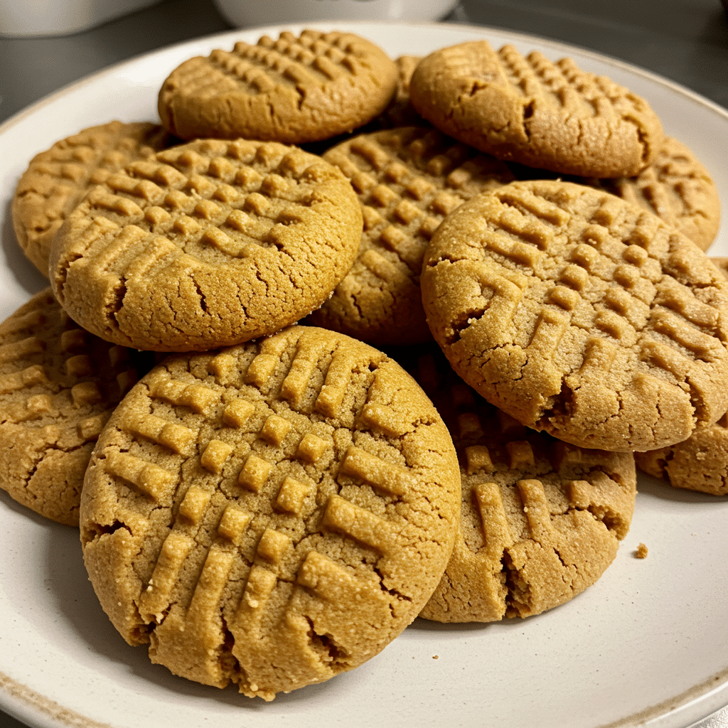 Golden brown peanut butter cookies with classic criss-cross fork patterns on top, arranged on parchment paper