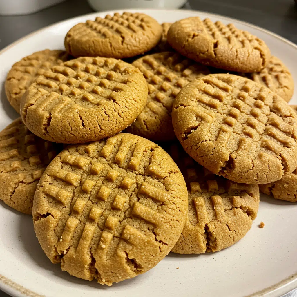 Golden brown peanut butter cookies with classic criss-cross fork patterns on top, arranged on parchment paper