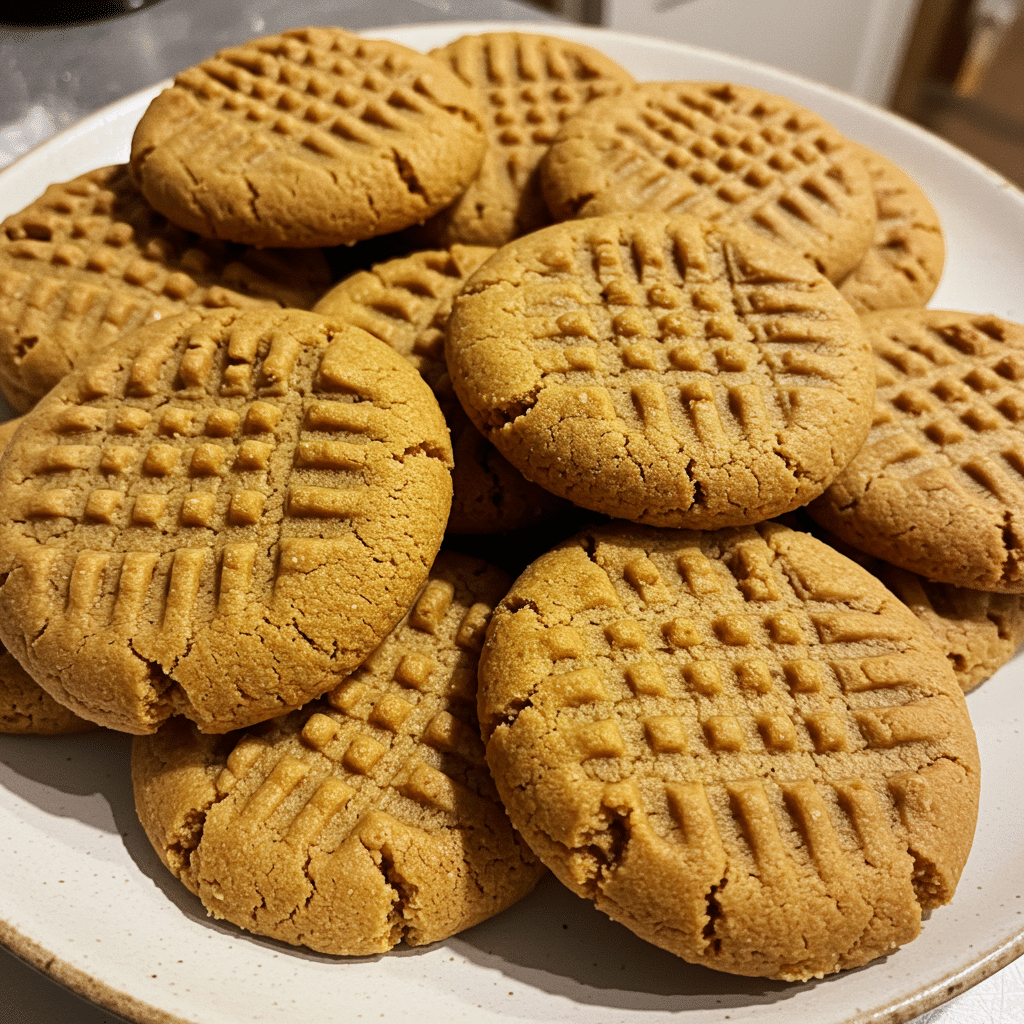 Golden brown peanut butter cookies with classic criss-cross fork patterns on top, arranged on parchment paper
