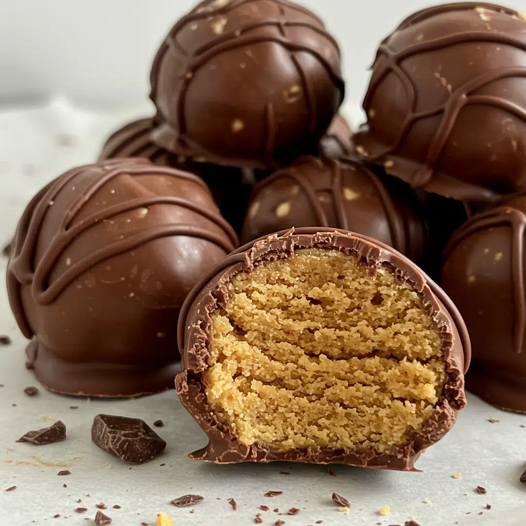 Golden-brown Butterfinger balls coated in smooth chocolate, garnished with crushed Butterfinger pieces, arranged on a white serving platter