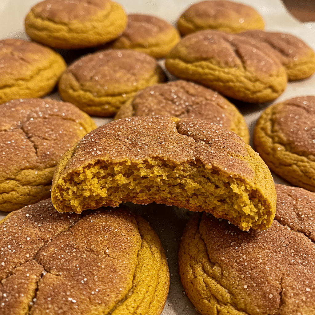 Soft and chewy pumpkin snickerdoodle cookies rolled in cinnamon sugar, arranged on parchment paper with fall spices in the background.