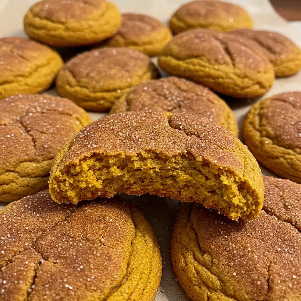 Soft and chewy pumpkin snickerdoodle cookies rolled in cinnamon sugar, arranged on parchment paper with fall spices in the background.