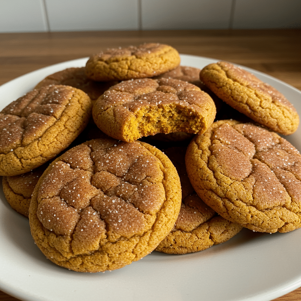 Soft and chewy pumpkin snickerdoodle cookies rolled in cinnamon sugar, arranged on parchment paper with fall spices in the background.