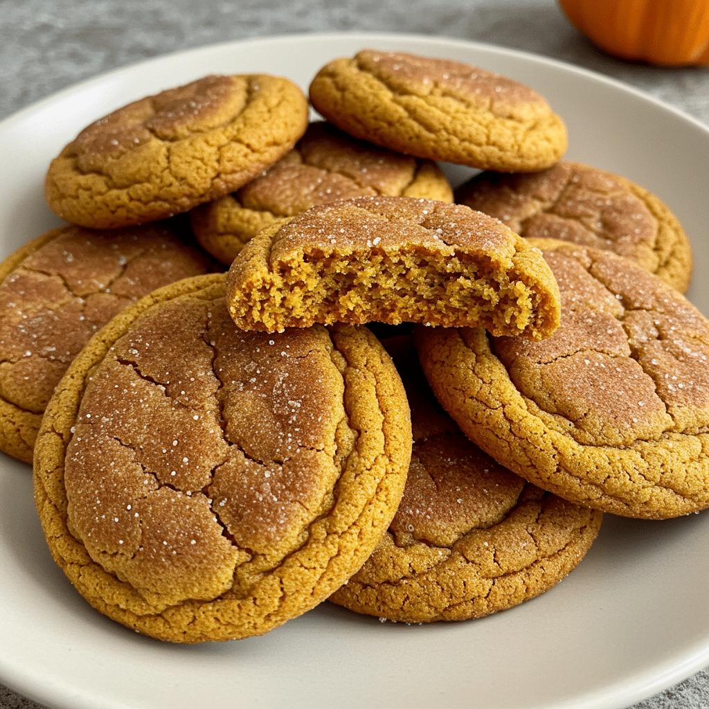 Soft and chewy pumpkin snickerdoodle cookies rolled in cinnamon sugar, arranged on parchment paper with fall spices in the background.