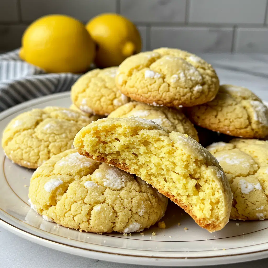 Soft and chewy lemon crinkle cookies with powdered sugar coating arranged on a white plate, showing the characteristic cracked texture