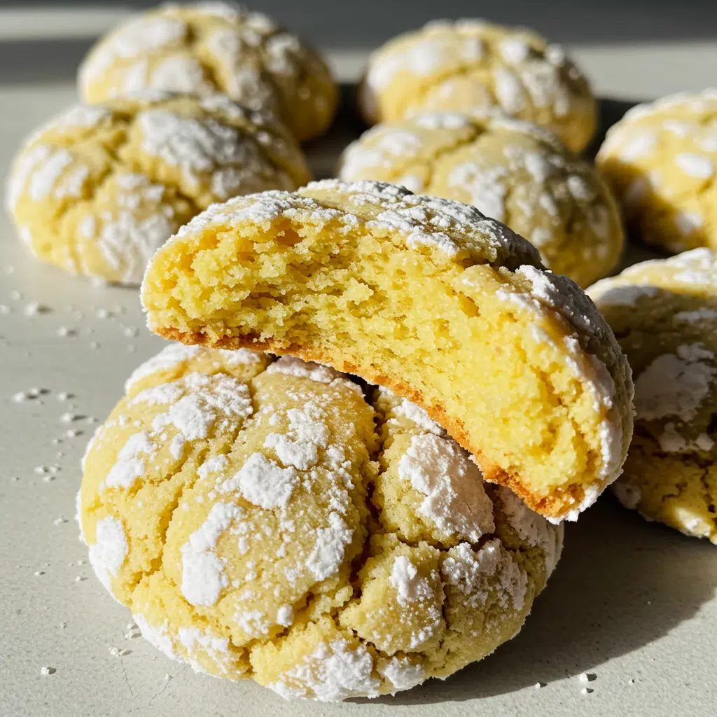Soft and chewy lemon crinkle cookies with powdered sugar coating arranged on a white plate, showing the characteristic cracked texture