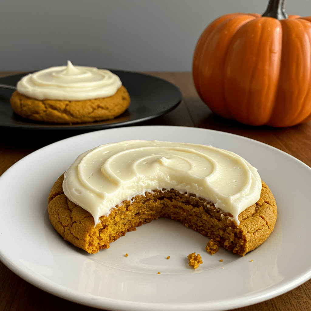 Pumpkin Sugar Cookies with Cream Cheese Frosting arranged on a white plate with fall leaves in background