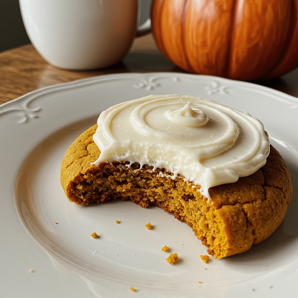 Pumpkin Sugar Cookies with Cream Cheese Frosting arranged on a white plate with fall leaves in background