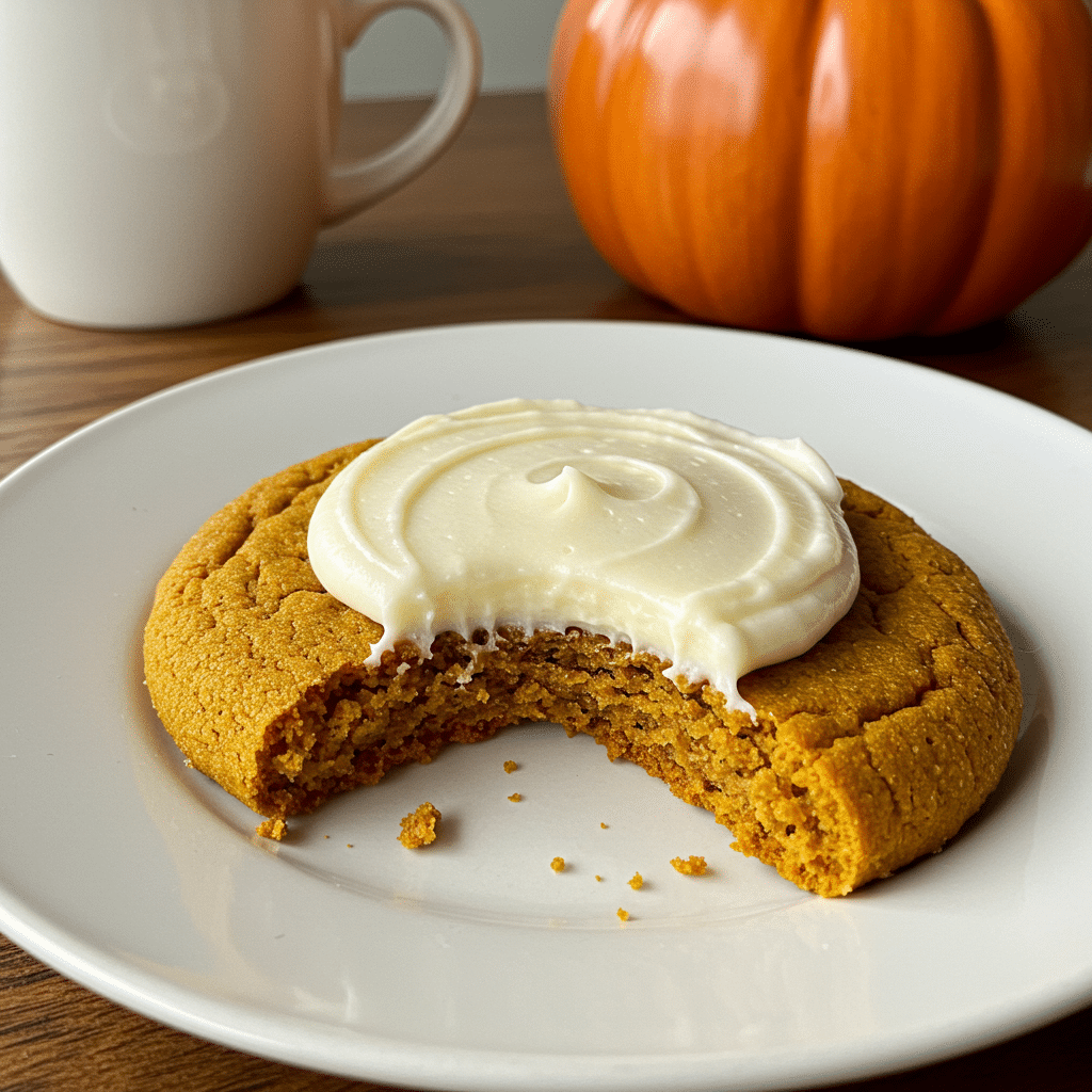 Pumpkin Sugar Cookies with Cream Cheese Frosting arranged on a white plate with fall leaves in background
