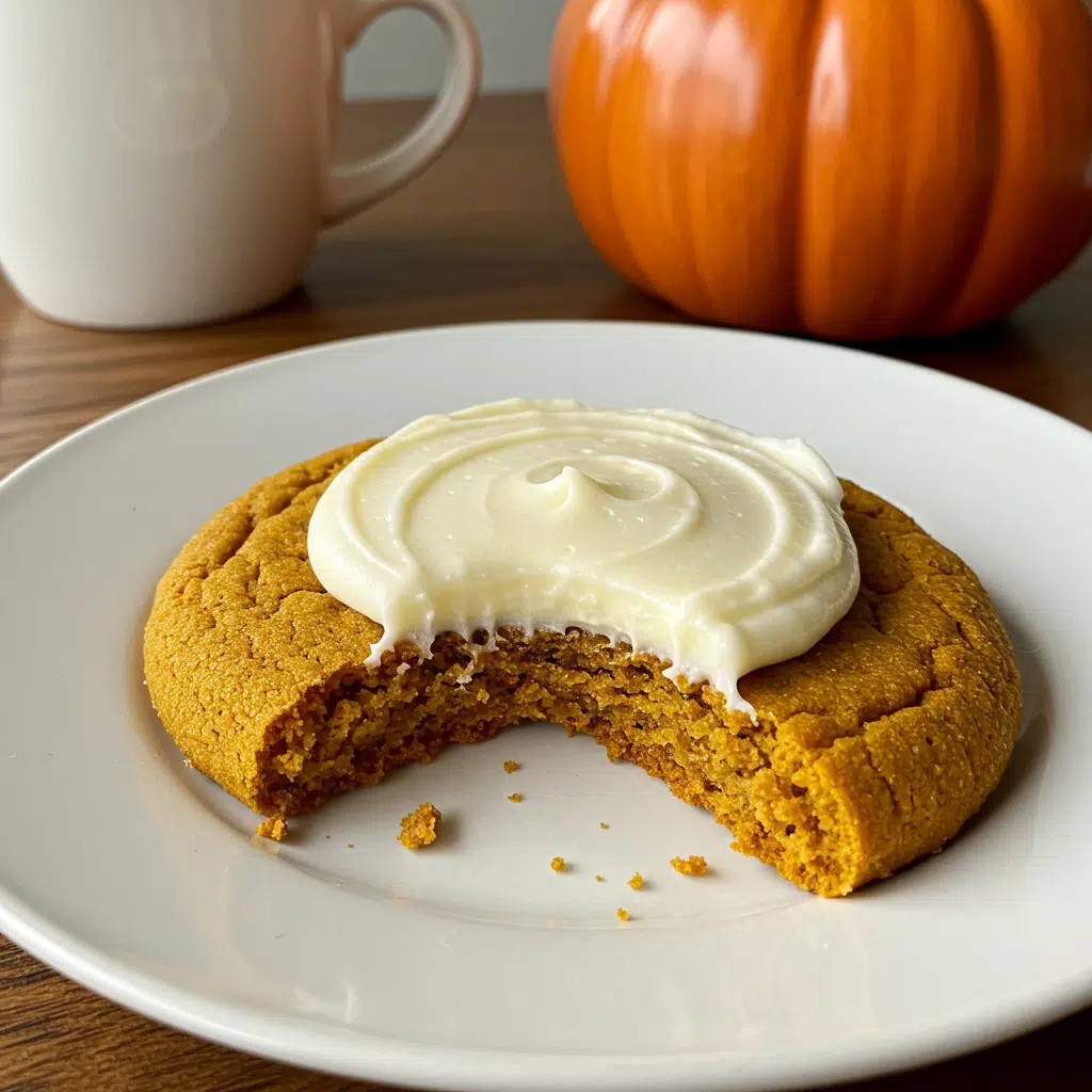 Pumpkin Sugar Cookies with Cream Cheese Frosting arranged on a white plate with fall leaves in background