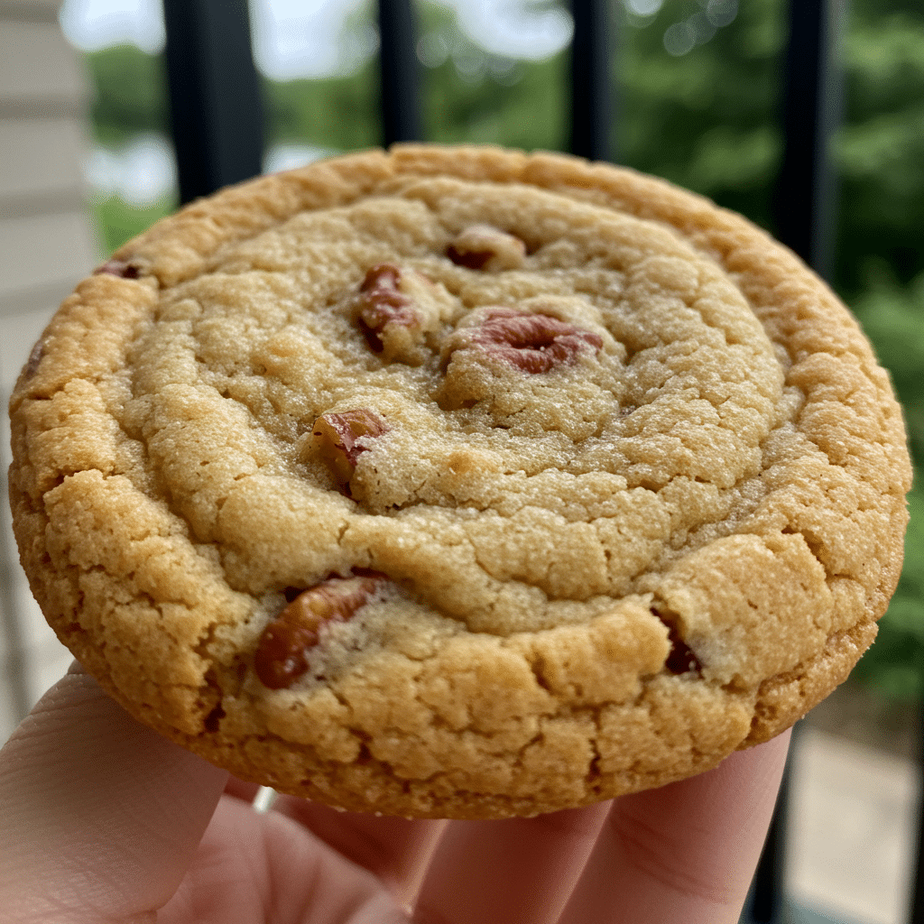 Golden brown butter pecan cookies with visible pecan chunks cooling on a wire rack, showing perfect soft centers and slightly crispy edges