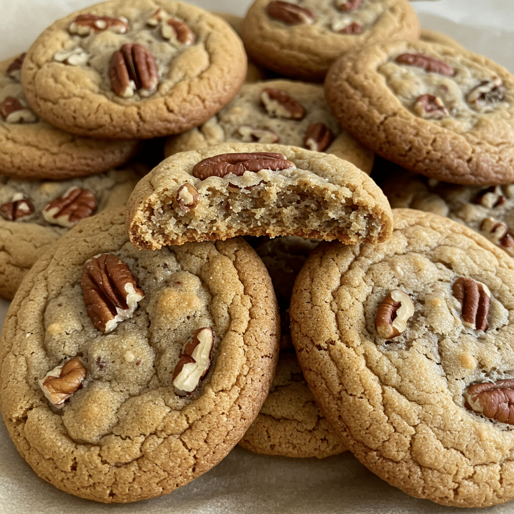 Golden brown butter pecan cookies with visible pecan chunks cooling on a wire rack, showing perfect soft centers and slightly crispy edges