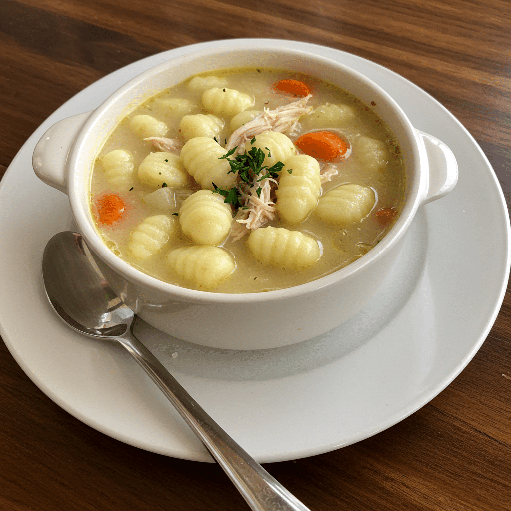 Olive Garden Chicken Gnocchi Soup 5 A bowl of creamy chicken gnocchi soup with tender vegetables and fresh spinach, served with crusty bread