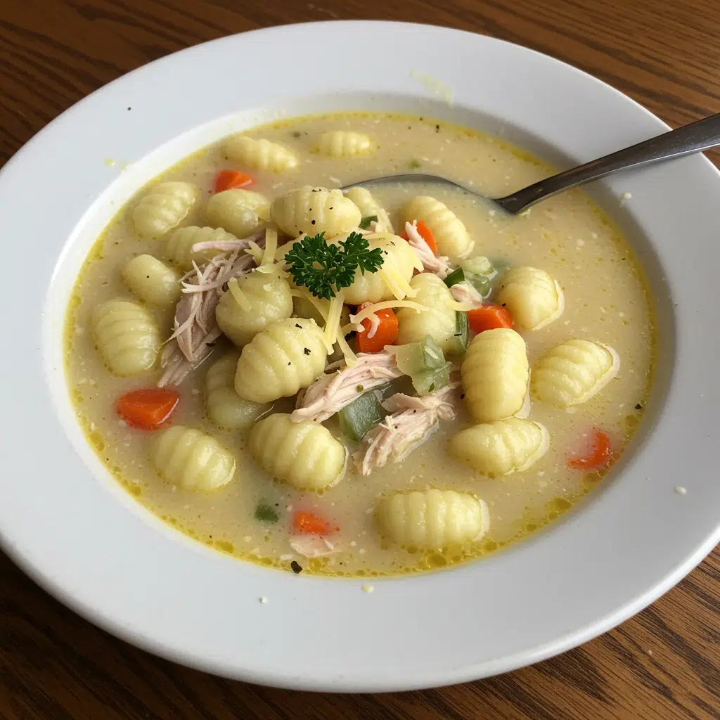 Olive Garden Chicken Gnocchi Soup 7 A bowl of creamy chicken gnocchi soup with tender vegetables and fresh spinach, served with crusty bread