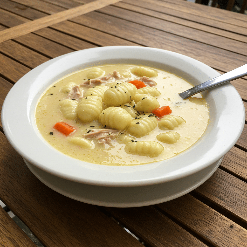 Olive Garden Chicken Gnocchi Soup 8 A bowl of creamy chicken gnocchi soup with tender vegetables and fresh spinach, served with crusty bread