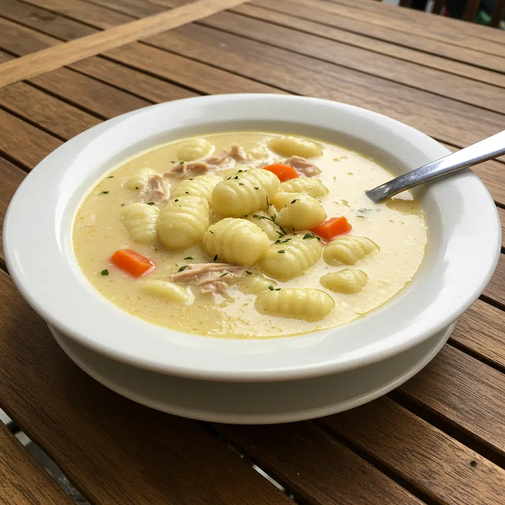 Olive Garden Chicken Gnocchi Soup 8 A bowl of creamy chicken gnocchi soup with tender vegetables and fresh spinach, served with crusty bread