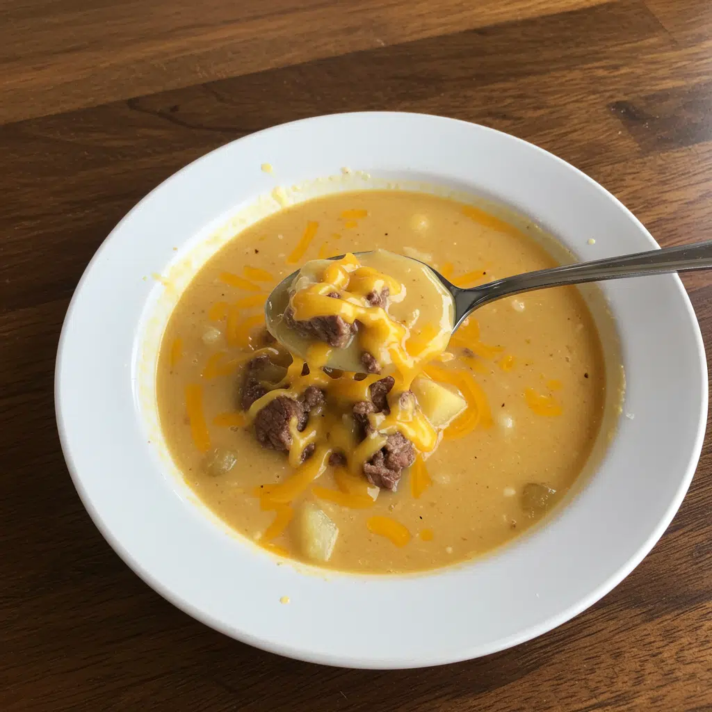 Cheesy Beef and Potato Soup 6 A steaming bowl of creamy cheesy beef and potato soup garnished with fresh parsley and shredded cheese