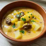 A steaming bowl of creamy cheesy beef and potato soup garnished with fresh parsley and shredded cheese