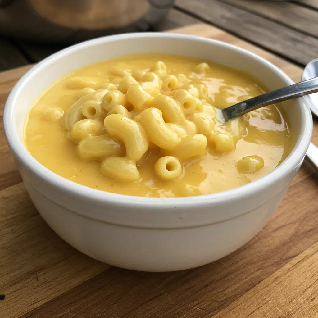 Bowl of mac and cheese soup with pasta shells and chives, sitting next to some bread on a wooden table