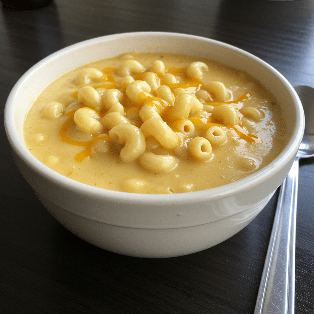 Bowl of mac and cheese soup with pasta shells and chives, sitting next to some bread on a wooden table