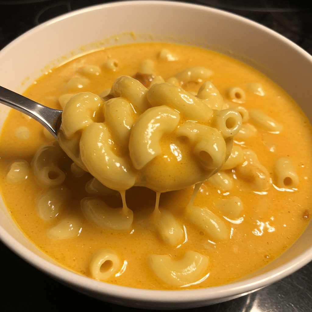 Bowl of mac and cheese soup with pasta shells and chives, sitting next to some bread on a wooden table