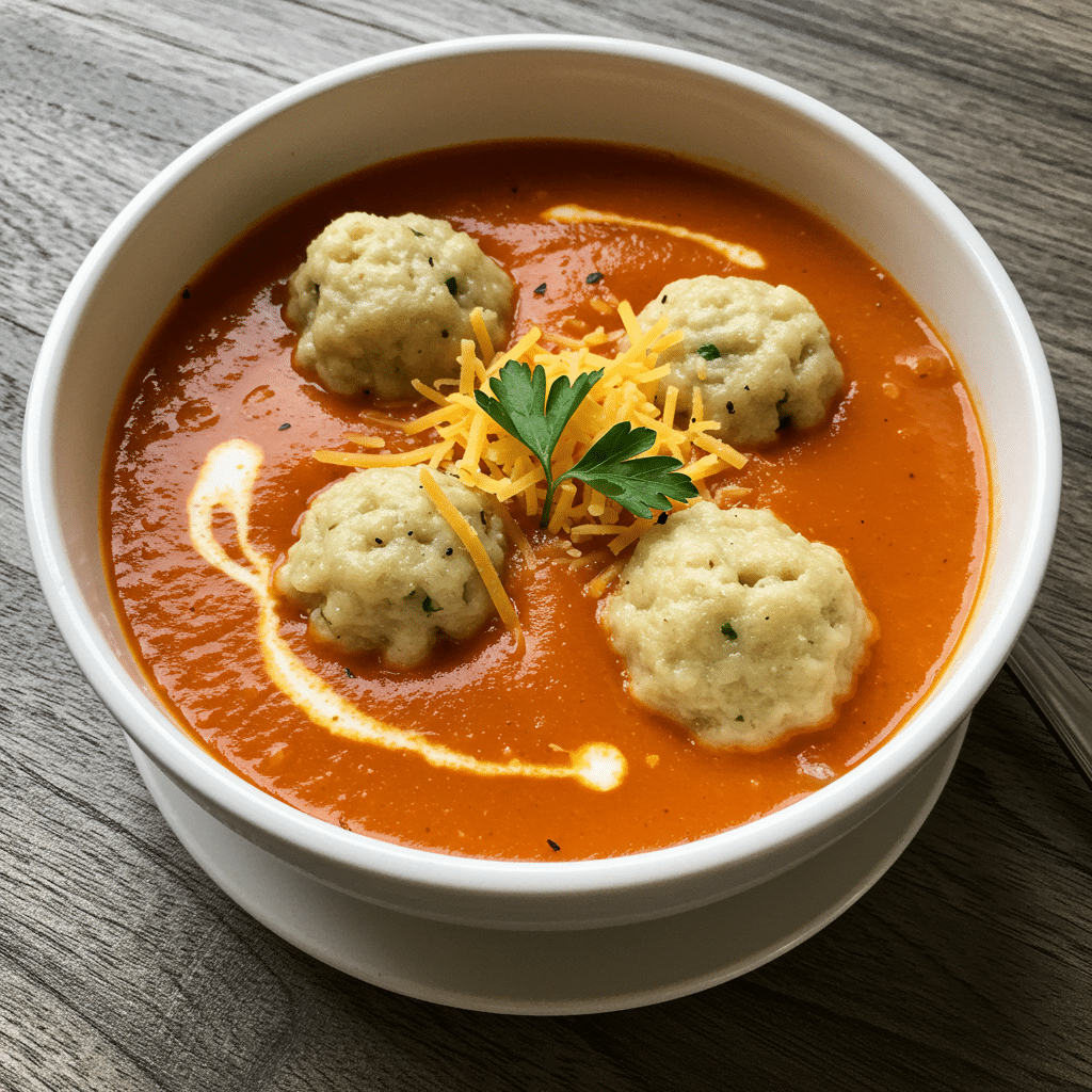 comforting tomato soup with cheddar bay dumplings combines classic flavors in the most delicious way – perfect for cozy nights in