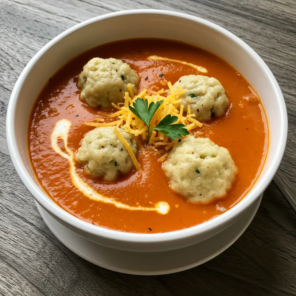 comforting tomato soup with cheddar bay dumplings combines classic flavors in the most delicious way – perfect for cozy nights in