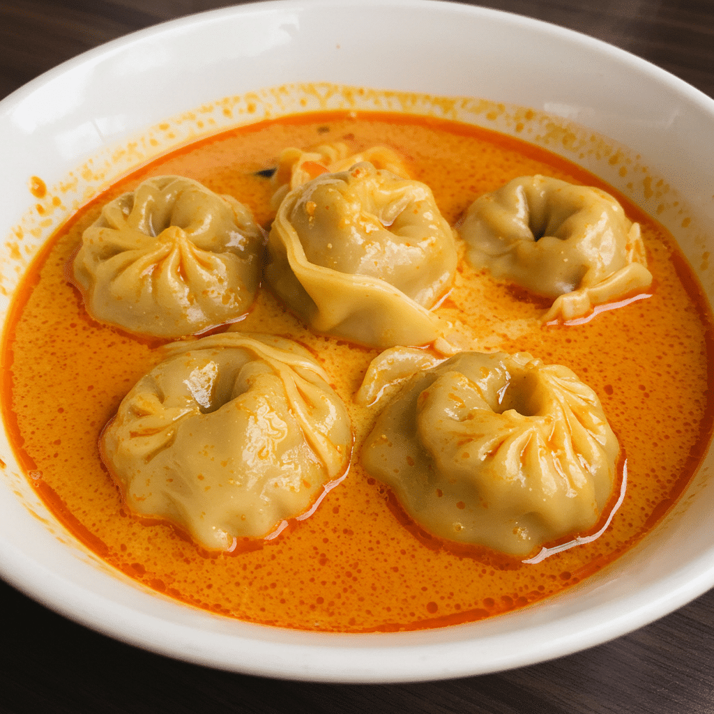 A steaming bowl of red curry dumpling soup with plump dumplings, mushrooms, and bok choy in creamy coconut curry broth, topped with sesame seeds and green onions