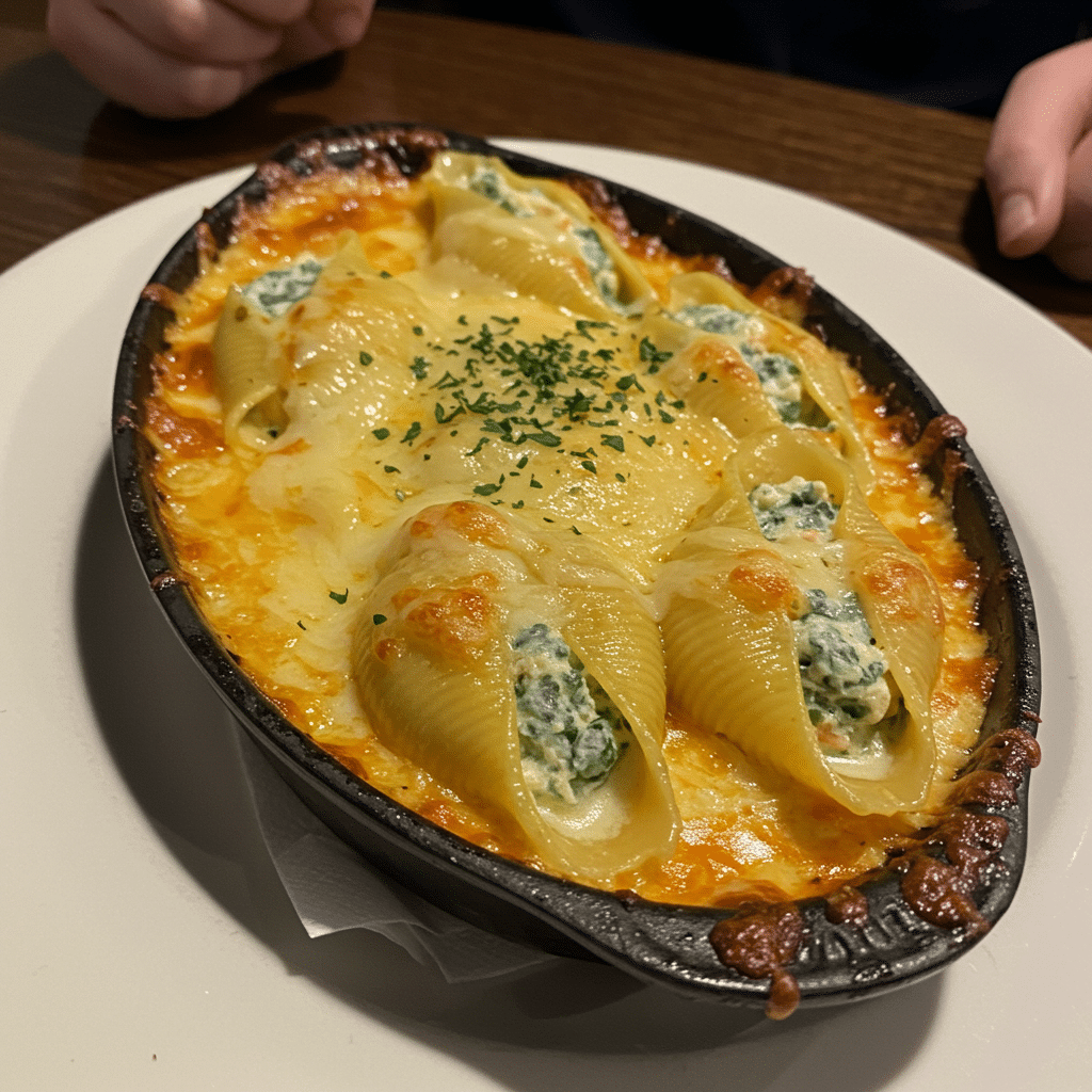 Baked seafood stuffed shells with golden breadcrumb topping in casserole dish