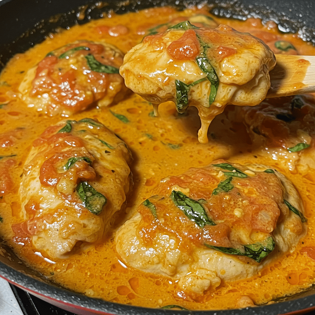Creamy tomato basil chicken cutlets in a skillet with fresh basil garnish and rich garlic cream sauce