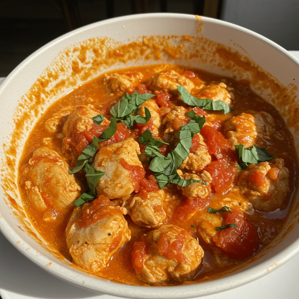Creamy tomato basil chicken cutlets in a skillet with fresh basil garnish and rich garlic cream sauce