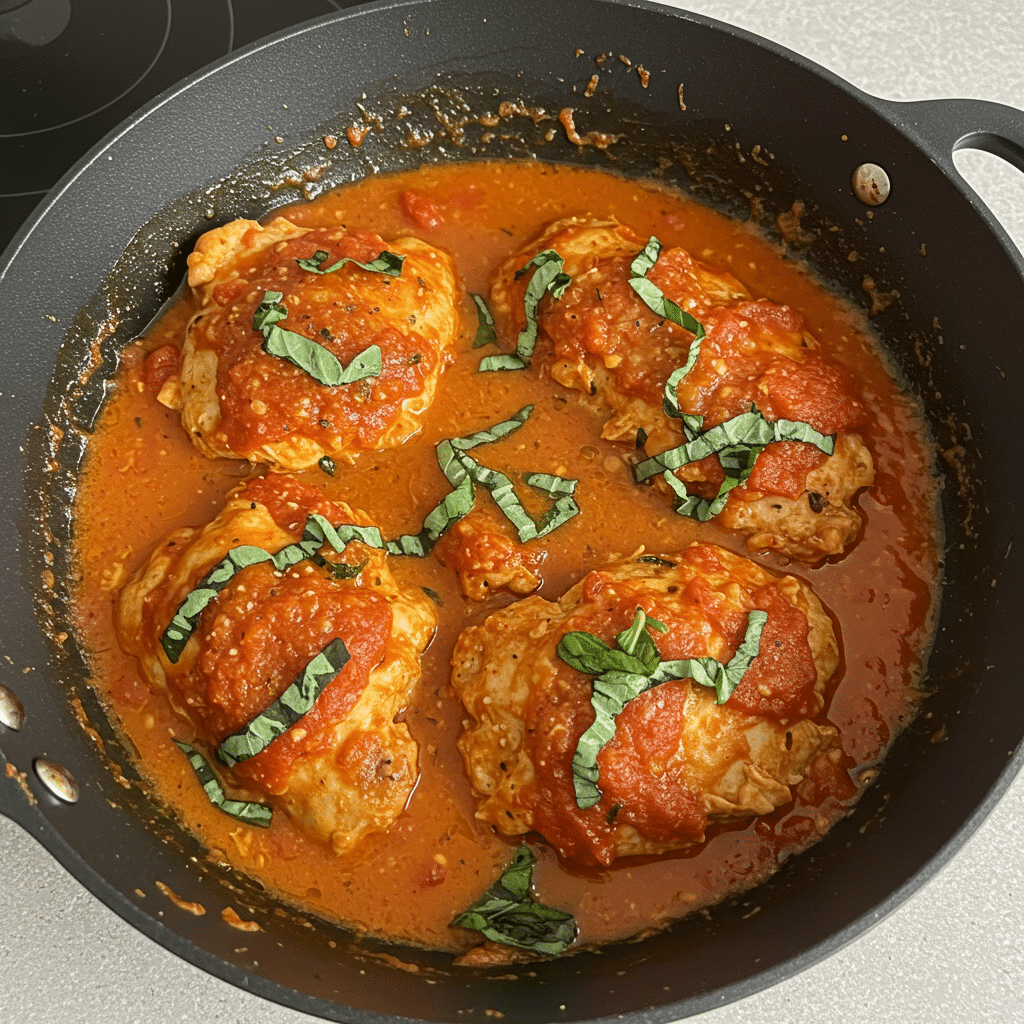 Creamy tomato basil chicken cutlets in a skillet with fresh basil garnish and rich garlic cream sauce