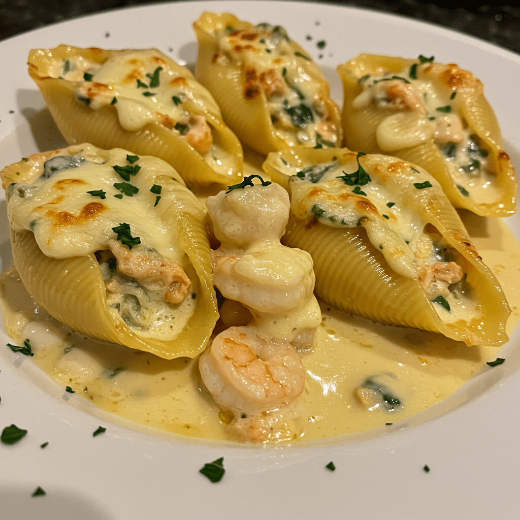 Baked seafood stuffed shells with golden breadcrumb topping in casserole dish