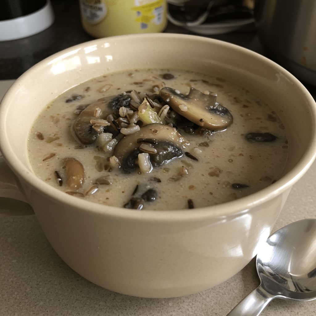Steaming bowl of creamy wild rice and mushroom soup with golden brown mushrooms floating on top, served with crusty bread on a wooden kitchen table