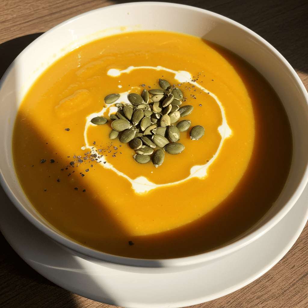 Creamy orange pumpkin soup in white bowls with swirl of cream and black pepper, served with crusty bread