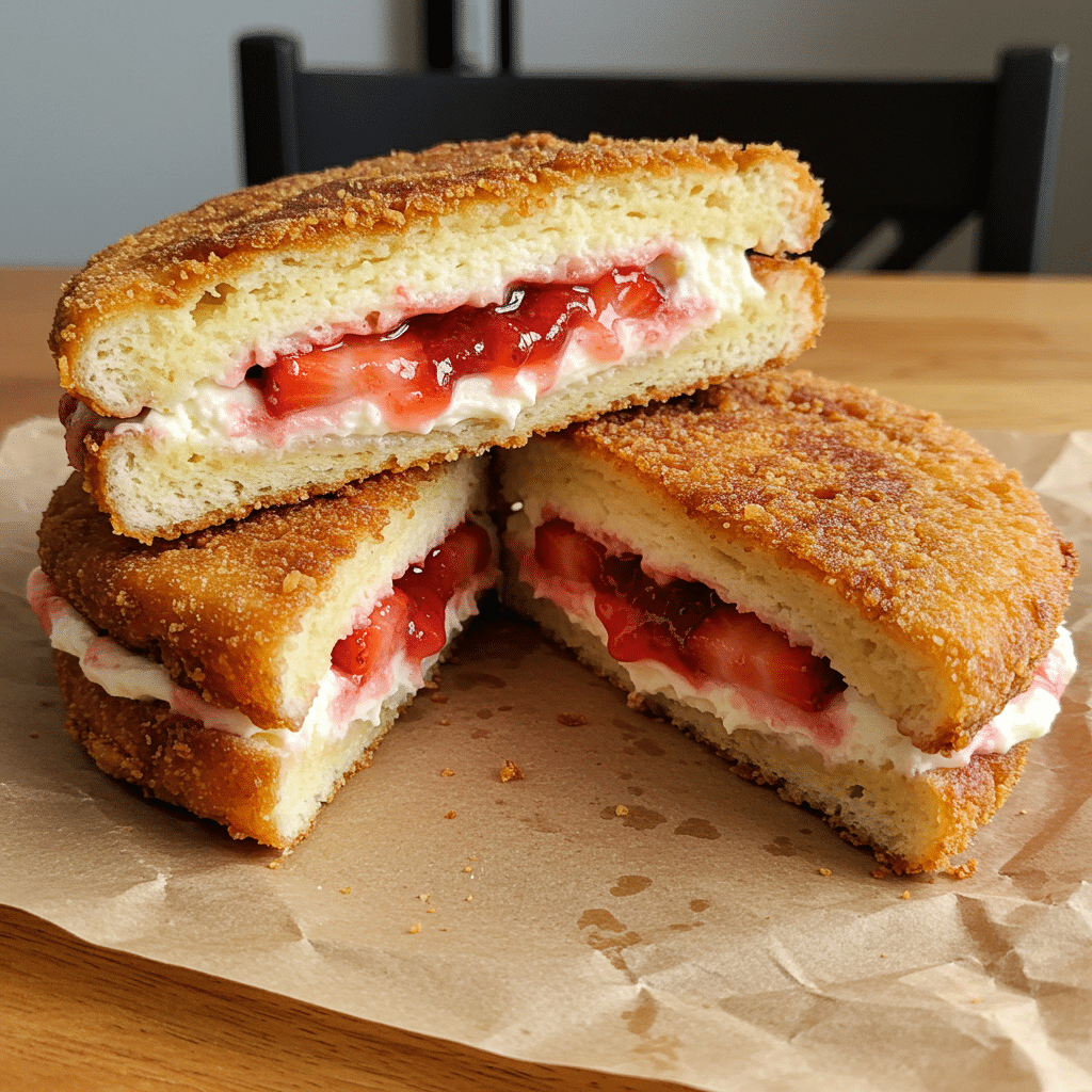 These fried strawberry cheesecake sandwiches are crispy on the outside, creamy on the inside, and absolutely irresistible!
