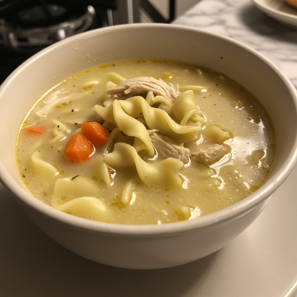 A steaming bowl of homemade Panera Bread Chicken Noodle Soupwith tender shredded chicken, egg noodles, carrots, and celery in a rich golden broth, garnished with fresh herbs