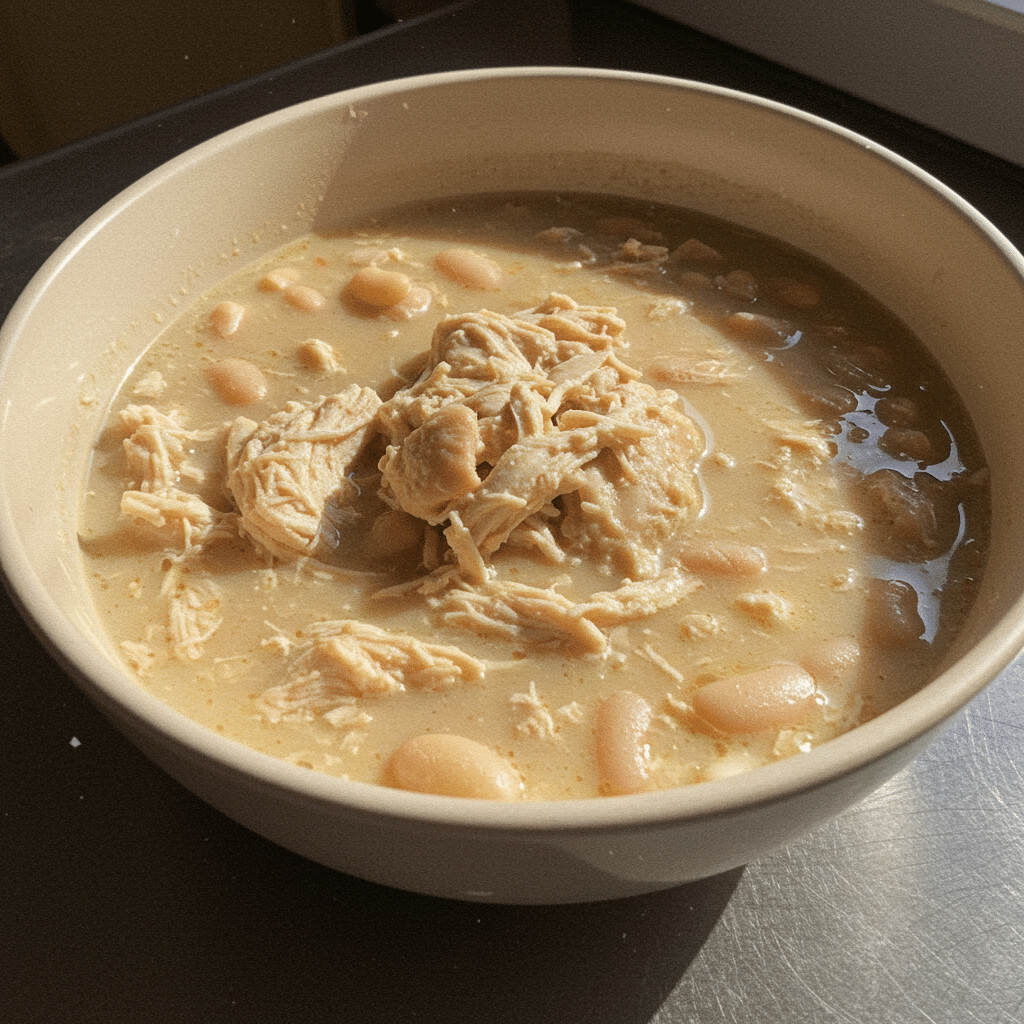 Bowl of white chicken chili with avocado, cheese, cilantro, tortilla chips