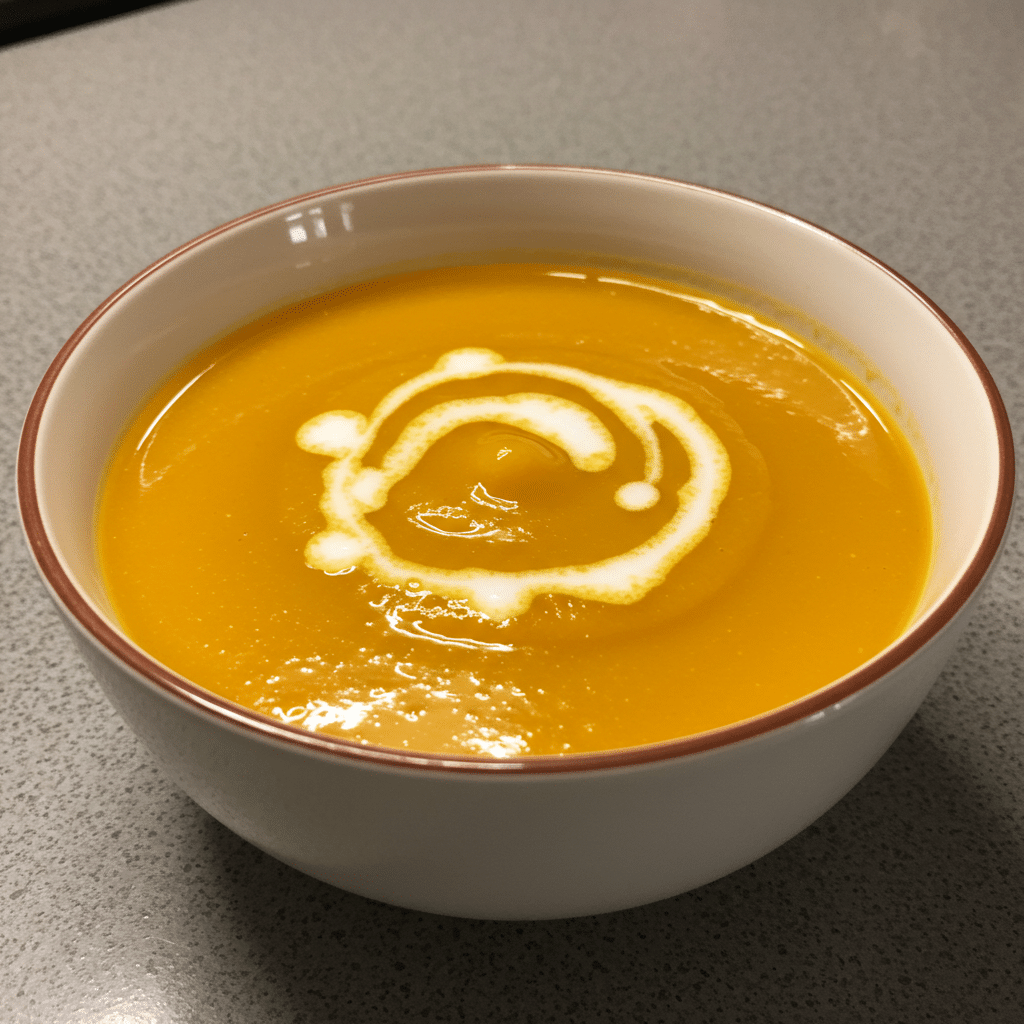 Creamy orange pumpkin soup in white bowls with swirl of cream and black pepper, served with crusty bread