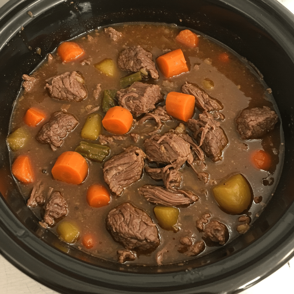 A hearty bowl of Crock Pot Beef Stew with tender chunks of meat, colorful vegetables, and rich brown gravy, served with crusty bread